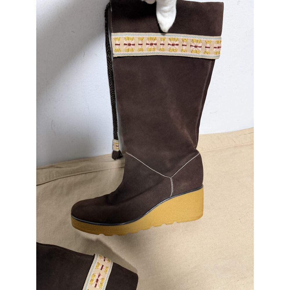 Marc Jacobs Boots Womens Size 39 Brown Suede Wedge Platform Embroidered Calf